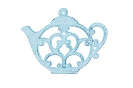 Rustic Dark Blue Whitewashed Cast Iron Round Teapot Trivet 8&quot;&quot; - $13.99