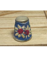 Thimble Blue Cloth Over White Metal Embroidered Flowers Vintage Austria ... - $3.77