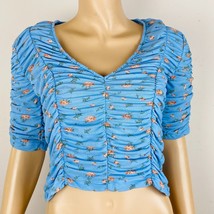Zara Cute Summer Blue Floral Print Flattering Women&#39;s L Ruched Short Sleeve Top - £38.99 GBP