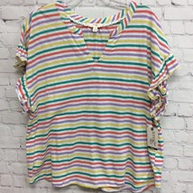 Terra &amp; Sky Womens T-Shirt Multicolor Striped Notch Neck Cotton Plus 0X 14W New - £12.00 GBP
