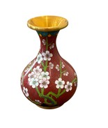 Vintage Chinese Cloisonné Vase With Cherry Blossom Design Red Gold Trim - $72.00