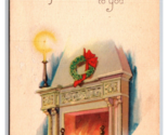 A Glad Christmas Fireplace Hearth Wreath Candle UNP DB Postcard R30 - $3.91