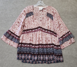 Knox Rose Floral Blouse Top Womens L Pink Sheer 3/4 Bell Sleeve Bohemian - £19.36 GBP