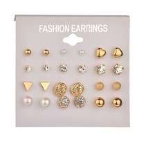12/24/32 pcs Heart Flowers Moon Geometric Stud Earrings Set Rhinestone imitation - £7.74 GBP