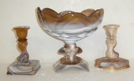 Akro Agate 1950&#39;s Imperial Glass CARAMEL SLAG Dolphin Candlestick Holders &amp; Bowl - £43.57 GBP