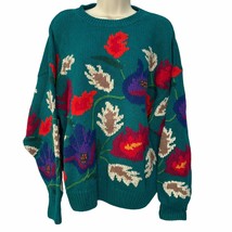 Vintage Le Moda Chunky Knit Sweater Turquoise Green Floral Leaves Size X... - £39.07 GBP