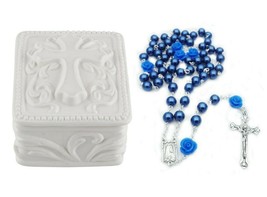 Porcelain Cross Rosary Box &amp; Blue Rose Bead Rosary First Eucharist Baptism Gift - £15.71 GBP