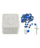 Porcelain Cross Rosary Box &amp; Blue Rose Bead Rosary First Eucharist Bapti... - £15.78 GBP