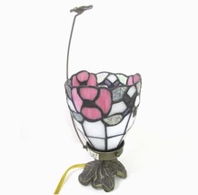 Tiffany Style Stained Glass in Lead Lamp White Pink Floral Bronze Dragonfly vtg - £24.07 GBP