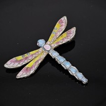 Vintage Cloisonne Enamel Dragonfly Brooch Pin Pink Blue Yellow  Gold Tone - $34.95