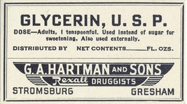 1 Antique Pharmacy Label GLYCERIN, U.S.P. G.A. Hartman and Sons Rexall D... - $28.11