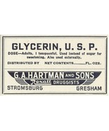 1 Antique Pharmacy Label GLYCERIN, U.S.P. G.A. Hartman and Sons Rexall D... - $511.52 MXN