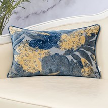 Yangest Blue Leaf Rectangle Pillow Cover Cut Velvet Cushion Cover, 12X20 Inch - £33.64 GBP