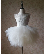 WHITE Lace Tutu Dress Wedding Girl Knee Length Puffy Tutu Dress - £51.62 GBP