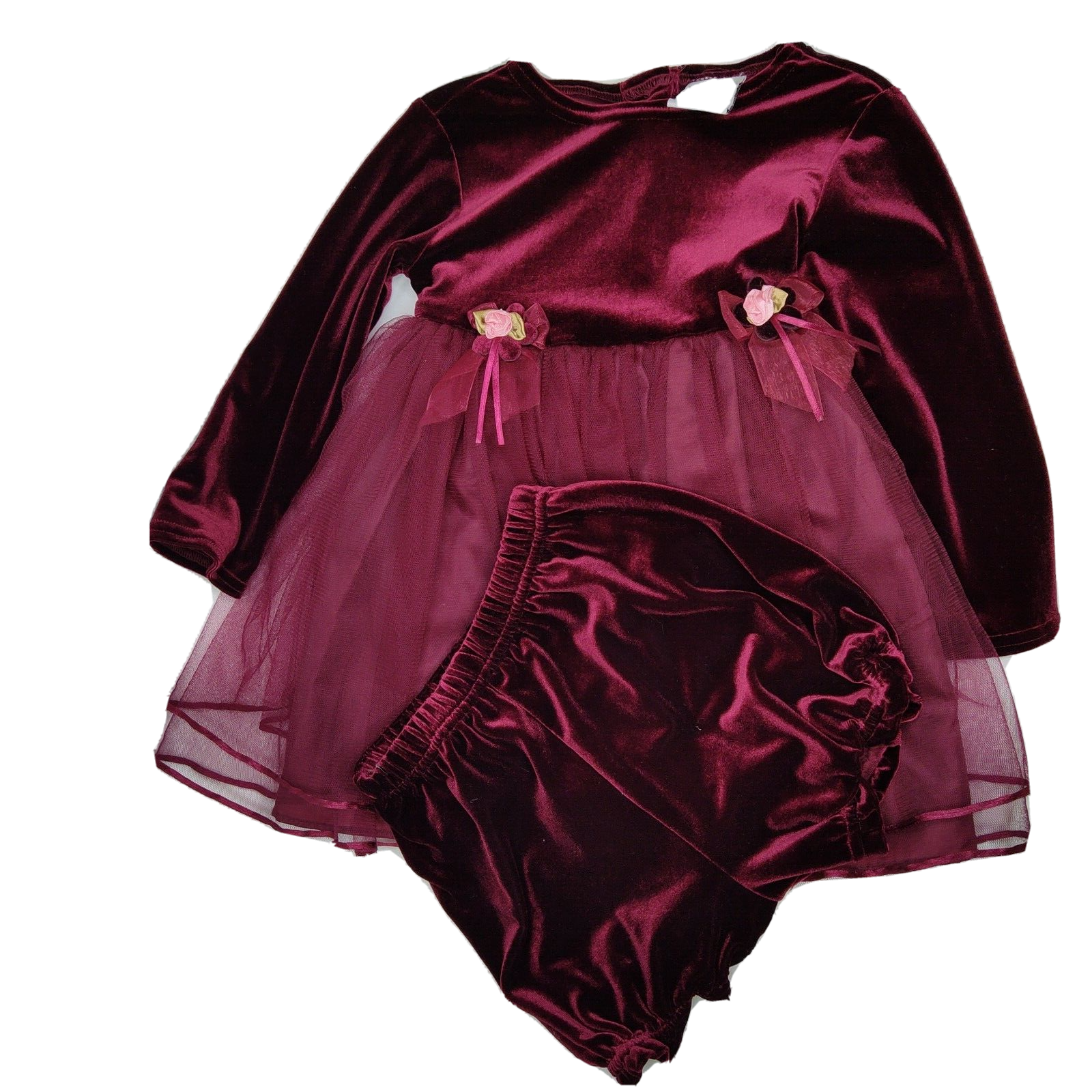 Vintage Sweetheart Rose Toddler Girls Burgundy Velvet Dress Pantaloons Size 24M - £15.49 GBP