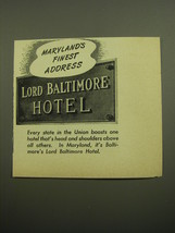1960 Lord Baltimore Hotel Ad - Maryland&#39;s Finest address - £11.74 GBP