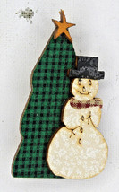 Vintage Handmade Wood &amp; Fabric Snowman And Christmas Tree Pin Costume Jewelry - £8.75 GBP