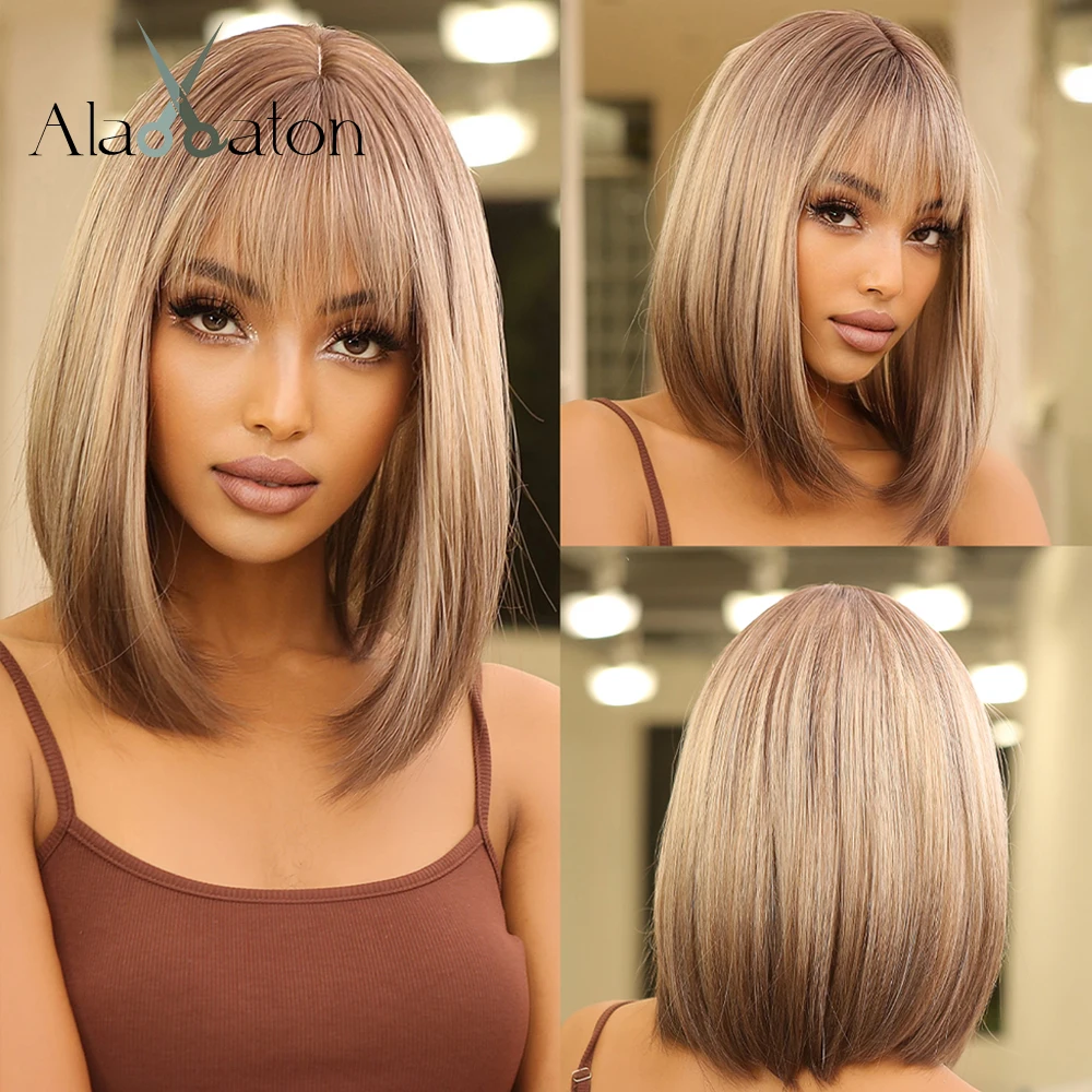 ALAN EATON Short Bob Synthetic Wigs with Bangs Ombre Brown Blonde Wigs for Wom - £9.65 GBP+