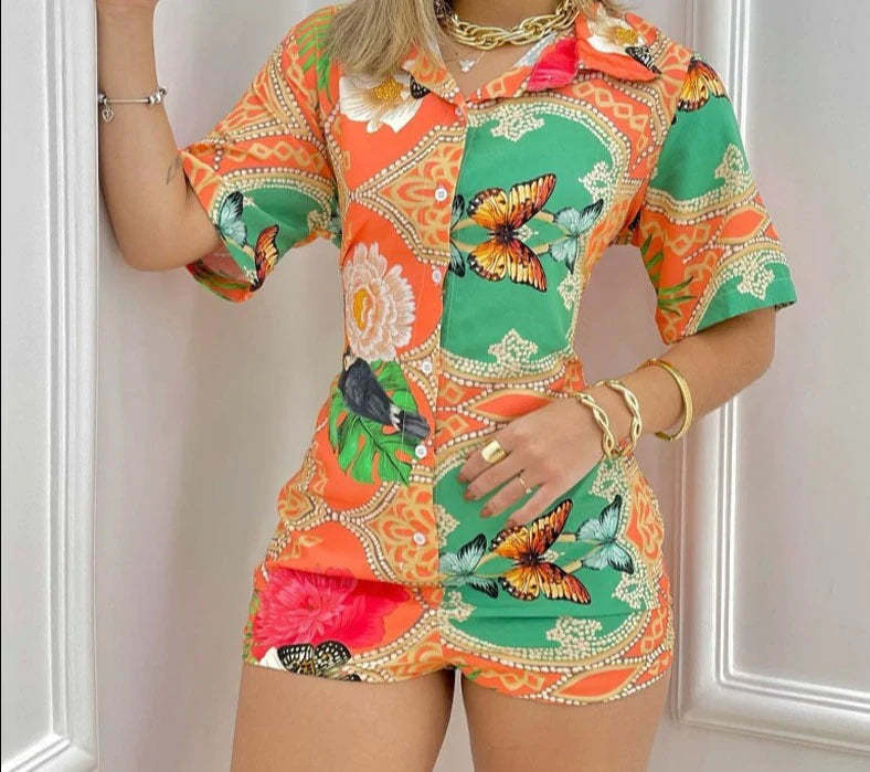 Butterfly Pattern Graphic Short Sleeves Rompers - $29.95
