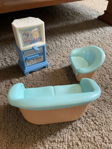 Primary image for Vtg 1993 Fisher Price Dollhouse Living Room Set couch Chair TV lot Furniture
