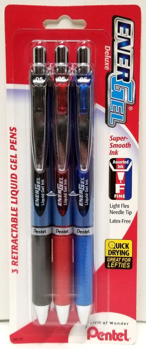 NEW Pentel EnerGel RTX 3-Pack Liquid Gel Pen Deluxe Assorted Colors .5mm BLN75 - $5.63