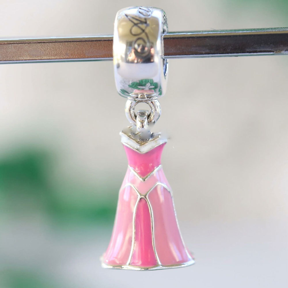 925 Sterling Silver Disney Princess Aurora's Pink Dress Dangle Charm Bead