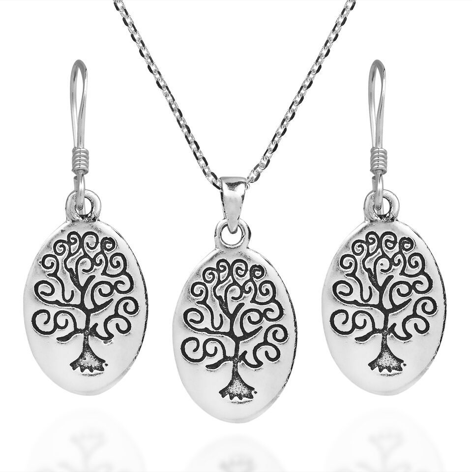 Primary image for Oval Swirl Tree of Life .925 Stering Silver Necklace Earrings Jewelry Set