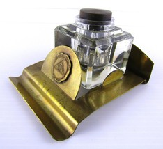 Antique 2&quot; Square 3 Pc. Crystal Inkwell Weinberg Witt NY, Brass Base Woo... - $71.10