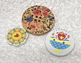 3 Fun Floral Painted Wood Buttons 3/4-1 1/4 inches - $9.41