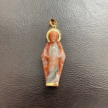 14K Solid Gold The Blessed Virgin Mary Carved Natural Red Jade Pendant - £617.52 GBP