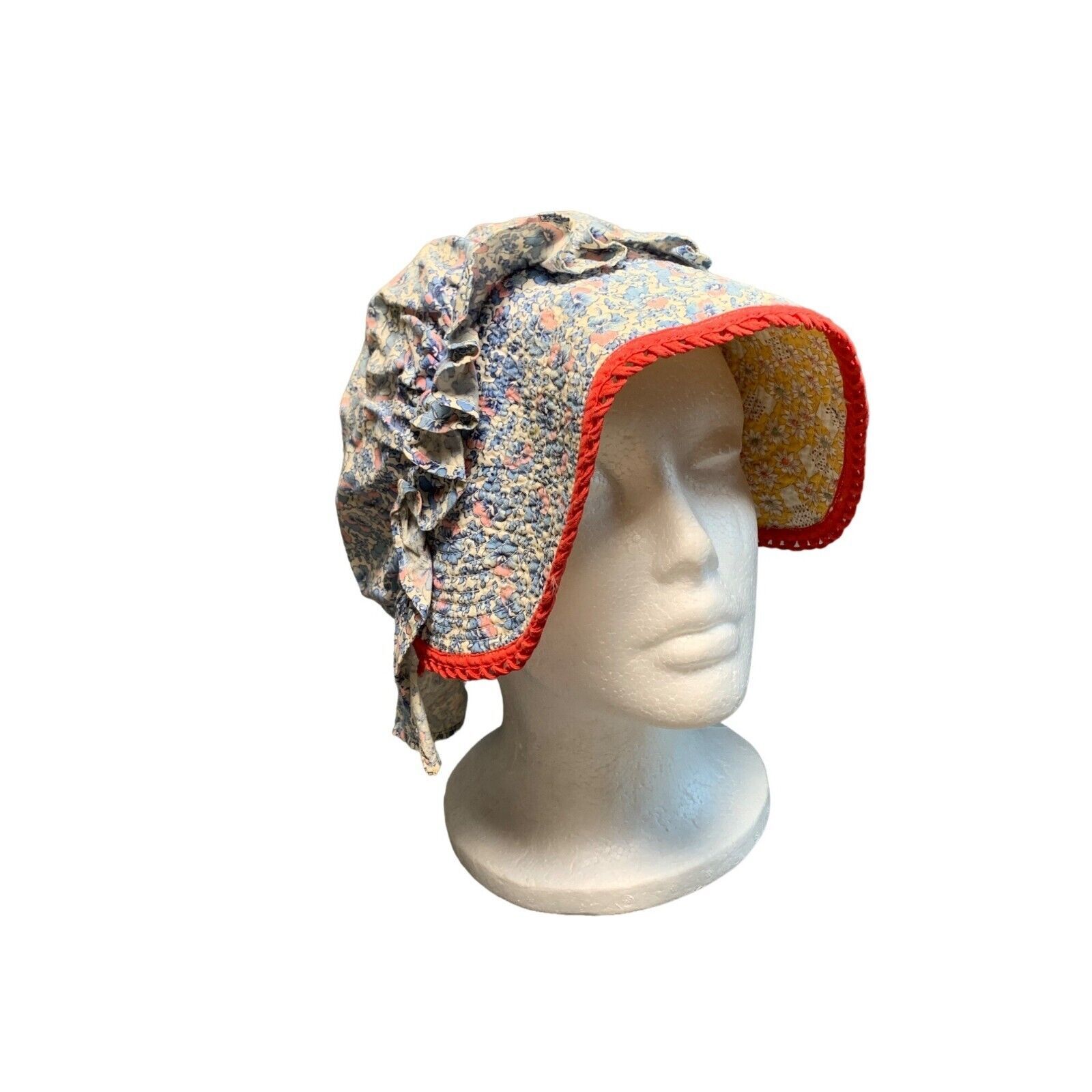 Vintage Womens Floral Bonnet with Red Trim &amp; Ruffles - $25.88