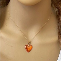 14k Solid Real Yellow Gold Small Orange Heart Pendant Necklace - £138.03 GBP+