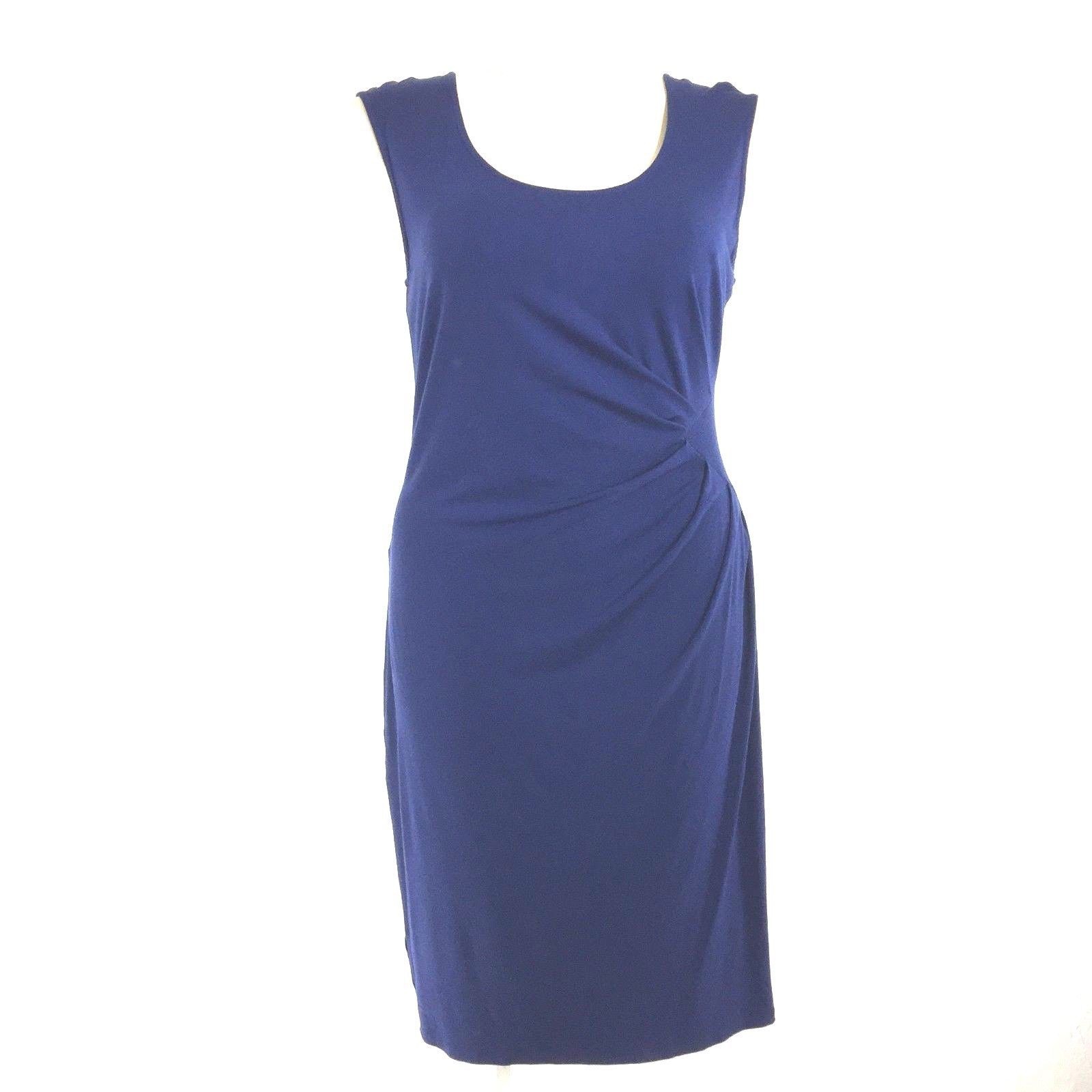 Ann Taylor Dress 16 Petite XL Navy Blue Side Pleat Sheath Rayon Stretch WASHABLE - $19.85
