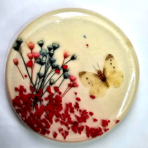 Lucite Butterfly Abalone Dried Flower Footed Trivet Resin 5.5&quot; Vintage Red Décor - £22.01 GBP