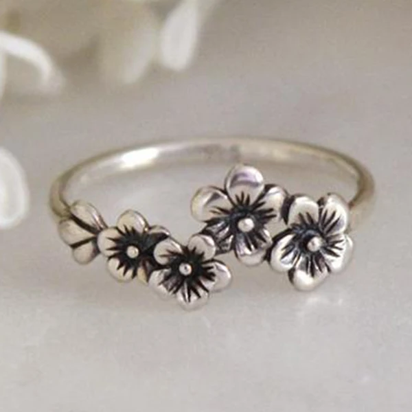 Vintage Silver Color Rose Flower Ring Simple Design Do Old Rings For Women Party - £11.38 GBP