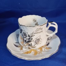 50th Anniversary White Gold Scalloped Cup Saucer Fine China 1983 Japan  - £16.84 GBP