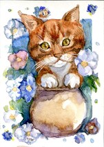 ACEO Watercolor Painting Ginger Kitten Cat Animal Art Card Signed by Art... - $100.00