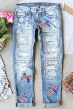 Light Blue USA Flag Bow Graphic Distressed Jeans - $40.48