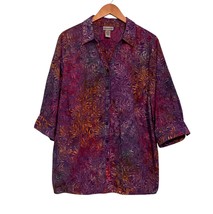 Catherines Batik Print Cotton Blouse Button Up Size 1X 18/20W Purple Pink - $273.79 MXN