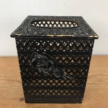 Vtg Hollywood Regency Distressed Black Brass Painted Rose Tissue Box Cover 5&quot; - £23.69 GBP
