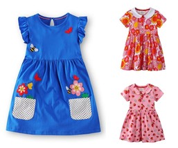 NEW Girls Blue Short Sleeve Flower Pocket Strawberry Floral Collar Dress  - £6.74 GBP