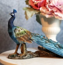 Elegant Iridescent Blue Peacock With Beautiful Train Feathers Decor Stat... - £39.07 GBP