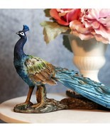 Elegant Iridescent Blue Peacock With Beautiful Train Feathers Decor Statue 14"L - £38.52 GBP