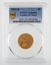 1911-D $5 Gold US Indian Half Eagle Graded by PCGS as AU Details - Cleaned - $21,573.92