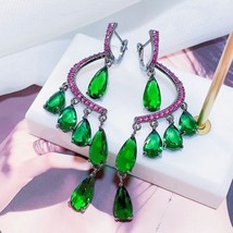 Fashion Cubic Zirconia Long Green Tassel Earring for Women - £36.77 GBP