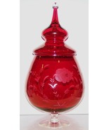 STUNNING RARE VINTAGE CRANBERRY/RUBY FLASHED GLASS ETCHED 19&quot; COVERED JA... - £78.38 GBP