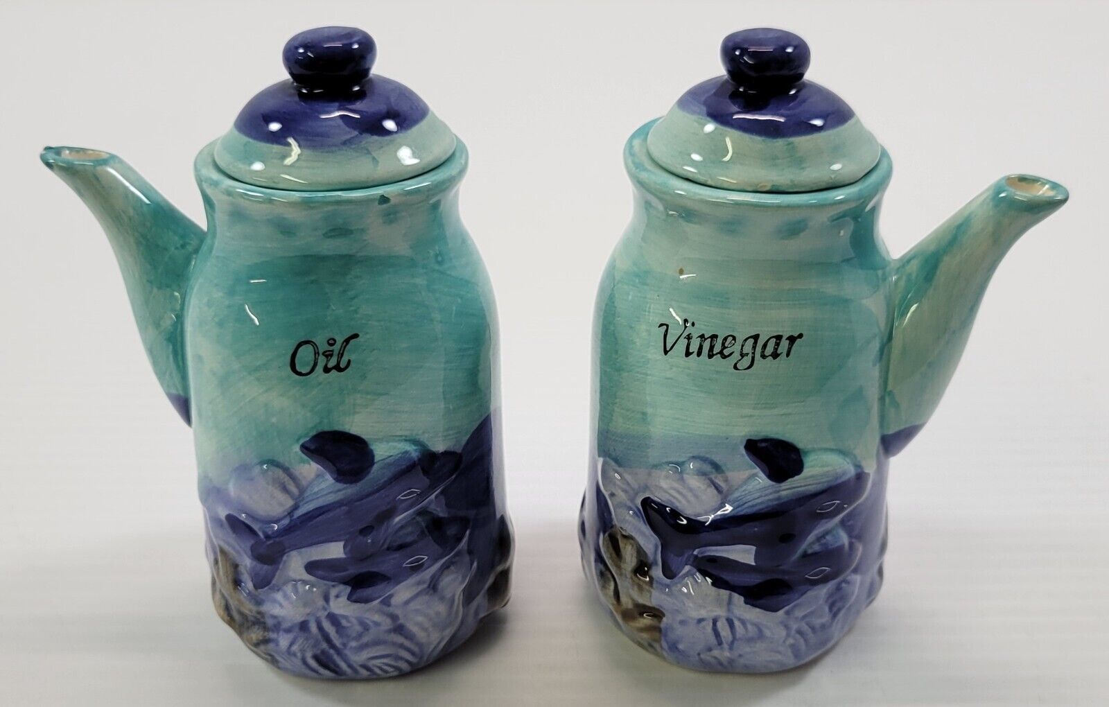 EE) Oil and Vinegar Porcelain Pour Bottles Cruet Set Dolphin Water Sea 4.5&quot; - $11.87