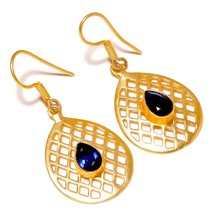 Tanzanite Pear Cut Gemstone Gold Plated Handmade Filigree Drop Dangle Earrings - £10.43 GBP