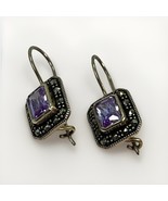 VTG 925 Sterling Silver Amethyst Marcasite Emerald Cut Hook Wire Earring... - $41.84