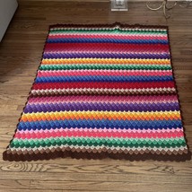 Handmade Afghan Blanket Throw Vintage Knit Crochet Rainbow Multi Color - $90.94